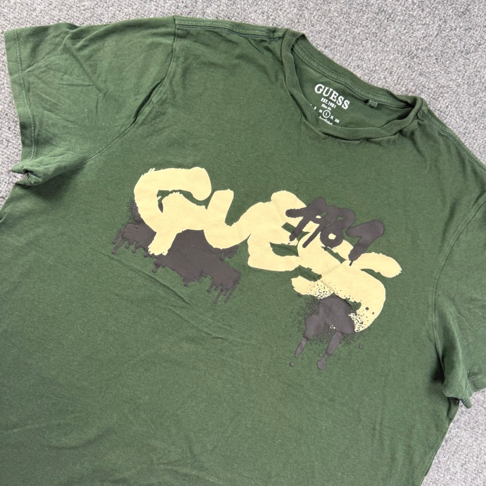 VTG Guess T-Shirt Large Green Graffiti Logo Slim Fit Mens M3GI59 K9RM1
